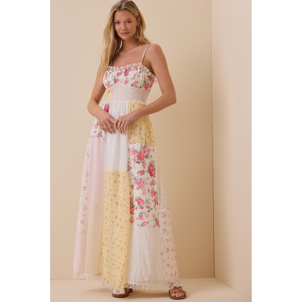 Altar'd State Floral Patchwork Maxi Dress Pink Yellowβ Lace Cottagecore Size XS